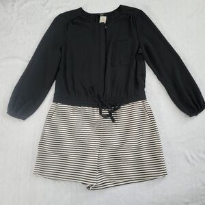 ANN TAYLOR LOFT Cream Black Striped Long Sleeve Romper Short 12P NWT‎